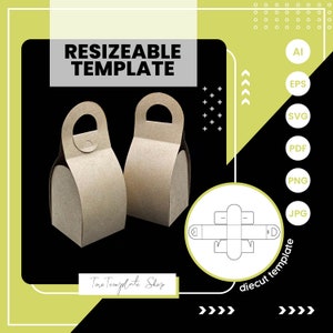 Può includere: Un modello stampabile per una borsa regalo di carta marrone con manico. Il modello è per un design di fustellatura ed è etichettato "diecut template".