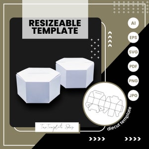 Peut inclure: Un modèle imprimable pour une boîte hexagonale. Le modèle est présenté sous la forme d'un design découpé avec des lignes de pliage. Le modèle est disponible aux formats AI, EPS, SVG, PDF, PNG et JPG. Le texte "RESIZEABLE TEMPLATE" est en haut de l'image. Le texte "diecut template" est en bas de l'image.