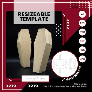 Puede incluir: Una plantilla imprimible para una caja con forma de ataúd. La plantilla se muestra en una vista troquelada y está disponible en los formatos AI, EPS, SVG, PDF, PNG y JPG. El texto "RESIZEABLE TEMPLATE" está en la parte superior de la imagen. El texto "diecut template" está en el lado derecho de la imagen. El texto "*This design, the lid is separated from the box body." está en la parte inferior de la imagen.