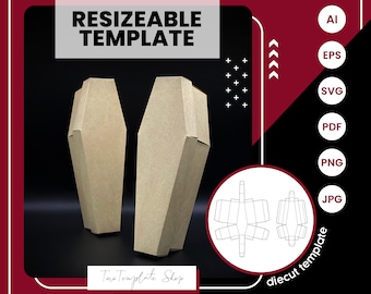 May include: A printable template for a coffin-shaped box. The template is shown in a die-cut view and is available in AI, EPS, SVG, PDF, PNG, and JPG formats. The text "RESIZEABLE TEMPLATE" is at the top of the image. The text "diecut template" is on the right side of the image. The text "*This design, the lid is separated from the box body." is at the bottom of the image.