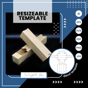 Op de afbeelding: Een bruine kartonnen doos sjabloon voor een schuifdoos. De sjabloon wordt getoond in een stansweergave met de tekst "diecut template". De sjabloon is beschikbaar in de formaten AI, EPS, SVG, PDF, PNG en JPG.