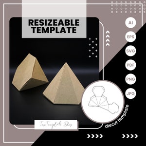 Può includere: Un modello di taglio per una scatola a forma di piramide. Il modello è mostrato in un cerchio con una scatola di piramide marrone su uno sfondo nero. Il testo "RESIZEABLE TEMPLATE" è nella parte superiore dell'immagine. Il testo "diecut template" è nella parte inferiore dell'immagine.