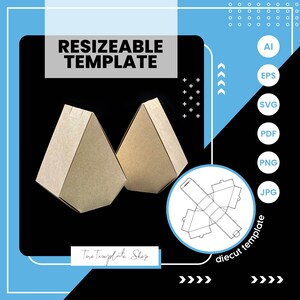 May include: A die-cut template for a pyramid-shaped box. The template is shown in a circle with the text "diecut template" below it. The template is shown in black and white. The box is shown in brown and is made of cardboard. The text "RESIZEABLE TEMPLATE" is at the top of the image. The text "Tara Template Shop" is at the bottom of the image. The image is on a black background.