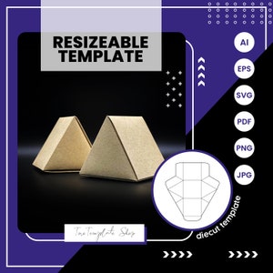 Puede incluir: Una plantilla de troquelado para una caja triangular. La plantilla se muestra en blanco sobre un fondo negro. La plantilla está etiquetada como "diecut template". La imagen también muestra dos cajas triangulares marrones sobre un fondo negro. La imagen está etiquetada como "RESIZEABLE TEMPLATE" y "Tara Template Shop".