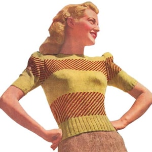 PDF Womens Knitting Pattern for Colourful Puff Sleeve Top 1940s, Woolworths Knit Book, 32-34" Bust, Vintage Retro Knit Pattern 40s and 30s