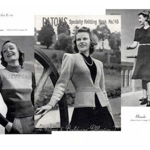 Könnte beinhalten: Ein Vintage-Strickmusterbuch mit drei Schwarzweißfotos von Frauen, die gestrickte Kleidungsstücke tragen. Das Buch trägt den Titel "Patons Specialty Knitting Book No. 145".
