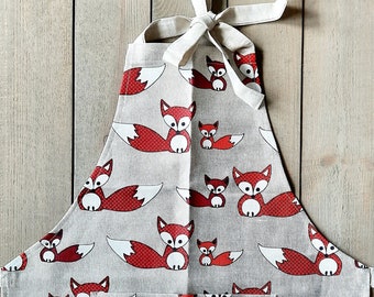 Linen apron. Apron with pocket. Apron for cooking. Apron for kids. Little girl apron. Apron Cute fox..