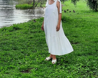 White linen dress. Ruffle linen midi dress. Summer dress. Women linen dress. Evening linen dress. Ruffled dress.