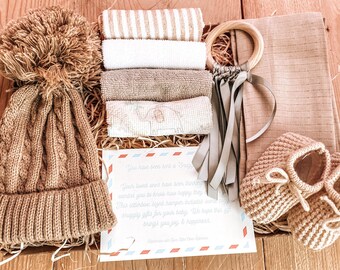 Newborn Gift Box: Knit Hat, Booties & Muslin Snuggle Set