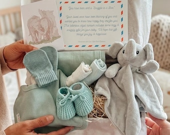 Baby Hamper | Newborn Gift Box | Elephant Baby Gift | Safari Theme | Snuggle in a Box | Unisex Baby Gift | + Magnetic Keepsake Box
