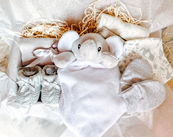 Elephant Newborn Gift Box: Unisex Baby Hamper, Knitted Booties