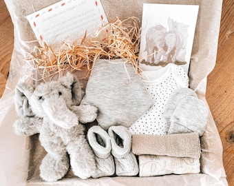 Elephant Newborn Gift Set: Unisex Baby Shower | Hello World Hamper Box, and Personalised Card