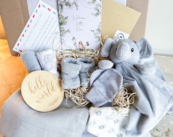 Elephant Newborn Gift Box: Unisex Baby Hamper, Grey & White Theme