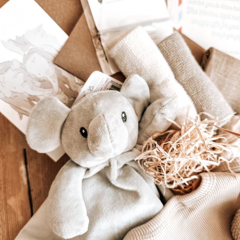 May include: A soft, gray plush toy shaped like a koala with large ears and a sweet expression. The toy is nestled in a basket with brown paper shred and a white blanket.