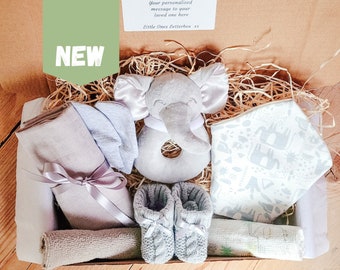 Elephant Newborn Gift Box: Unisex Baby Hamper, Knitted Booties