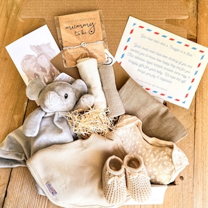 May include: A gift box filled with baby items, including a gray elephant plush toy, a beige knitted hat, a beige knitted onesie with a brown animal print, and a pair of beige knitted booties. The box also includes a card that reads "You have been sent a Snuggle in a Box."
