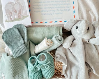 Elephant Safari Theme Newborn Gift Box Hamper: Unisex Baby Set with Personalised Card