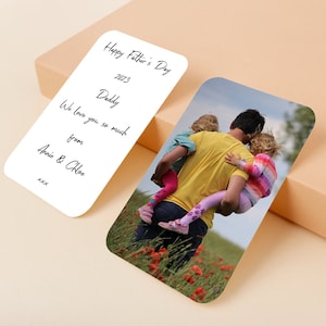 Metalen vaderdagkaart: gepersonaliseerde fotobijlage ter grootte van een portemonnee. Bericht toevoegen, leuk uniek cadeau voor opa vader Vaderdag, op maat handgemaakt