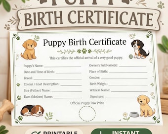 Puppy Birth Certificate Printable Editable Template