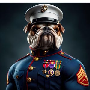 May include: A bulldog wearing a blue military dress uniform with gold buttons, a white peaked cap with a gold emblem, and a chest adorned with colorful service ribbons and three hanging medals, including a purple heart-shaped medal.