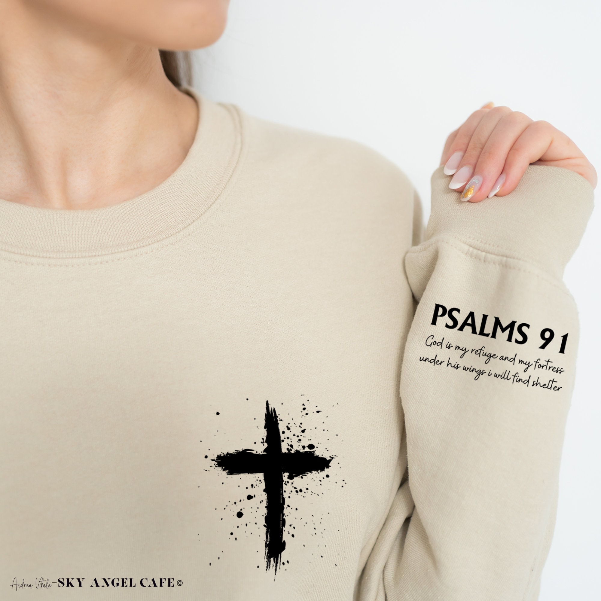 Psalms 91 Sleeve with Cross Sweatshirt, Church Bible Study Matching Tops, Christian Religious Bible Verse, Faith Based Christ Jesus Clothing
