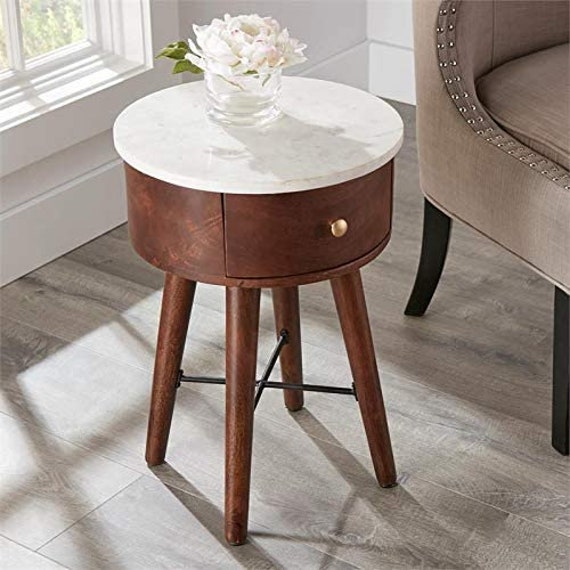 Round Nightstand White Marble Top and Brown Cherry Base End Etsy