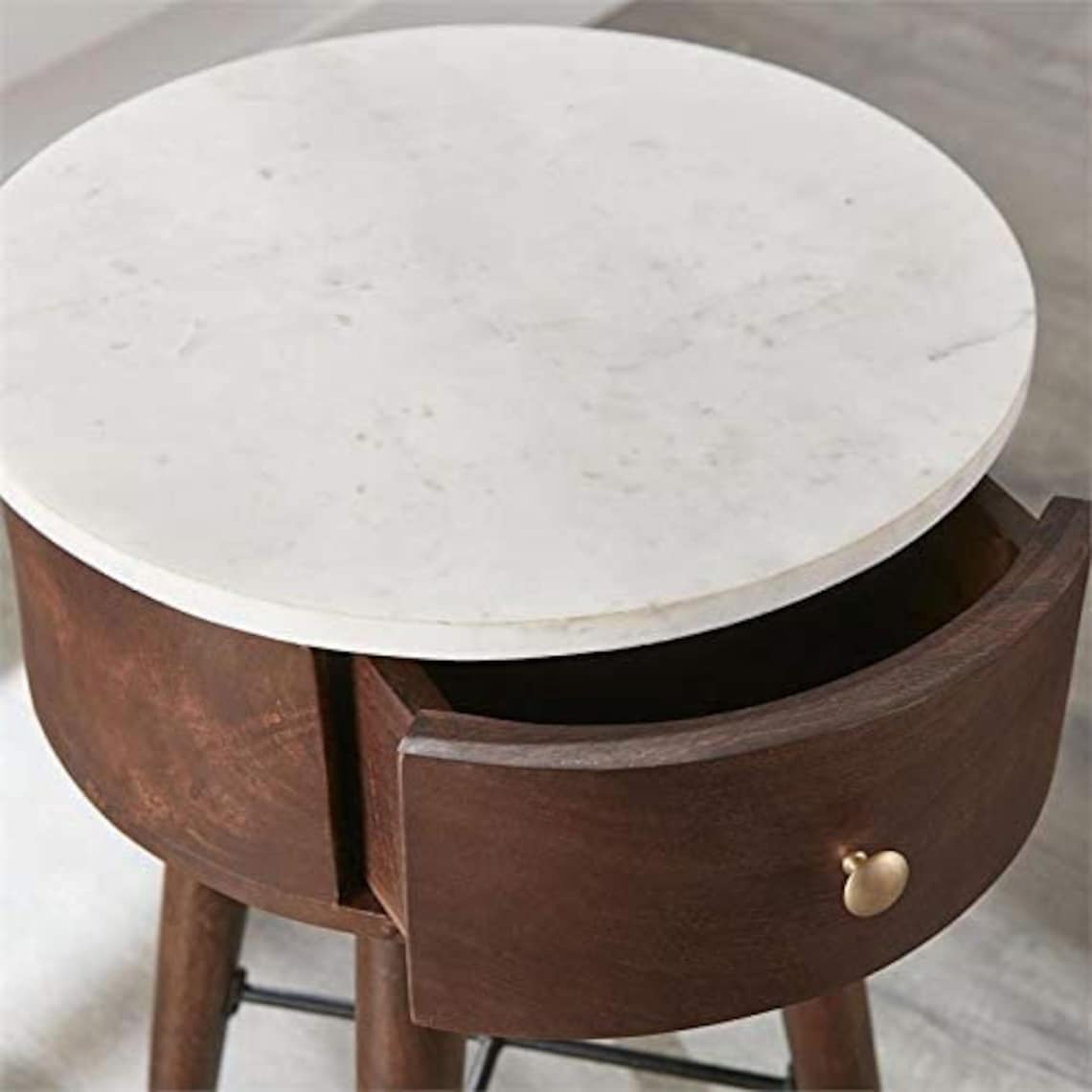 Round Nightstand White Marble Top and Brown Cherry Base End Etsy