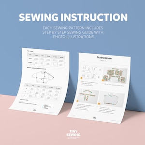 May include: Sewing instructions for a sweater with a step-by-step guide and illustrations. The instructions include a size chart, finished garment measurements, and a list of supplies needed. The instructions are for sizes 3-6 months, 6-12 months, 12-18 months, 18-24 months, and 2-3 years.