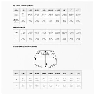 May include: A chart with instructions for making baby bloomers. The chart includes measurements for different sizes, from 1-3 months to 4-5 years. The chart also includes a diagram of the bloomers with measurements for the legs and waist.