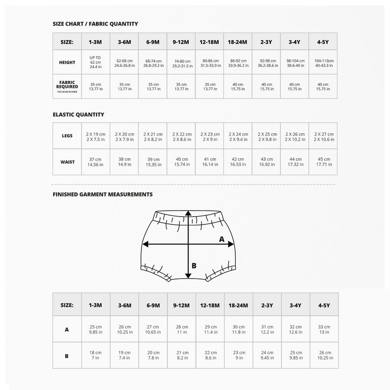 May include: A chart with instructions for making baby bloomers. The chart includes measurements for different sizes, from 1-3 months to 4-5 years. The chart also includes a diagram of the bloomers with measurements for the legs and waist.