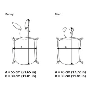 K&ouml;nnte beinhalten: Zeichnung mit Linien von zwei Stofftiermustern. Das erste Muster ist ein Hase mit einer H&ouml;he von 55 cm (21,65 Zoll) und einer Breite von 30 cm (11,81 Zoll). Das zweite Muster ist ein B&auml;r mit einer H&ouml;he von 45 cm (17,72 Zoll) und einer Breite von 30 cm (11,81 Zoll).