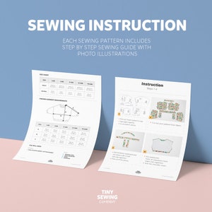 May include: Sewing instructions for a sweater with a step-by-step guide and illustrations. The instructions include a size chart, finished garment measurements, and a list of supplies needed. The instructions are for sizes 3-6 months, 6-12 months, 12-18 months, 18-24 months, and 2-3 years.