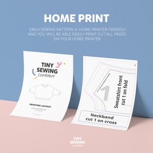 May include: Two printable sewing pattern sheets for a kids' sweatshirt. The first sheet shows a layout of the sweatshirt pieces. The second sheet shows the pattern for the front of the sweatshirt and the neckband. The text on the sheets reads "Tiny Sewing Company" and "Sweatshirt front cut 1 on fold" and "Neckband cut 1 on cross".