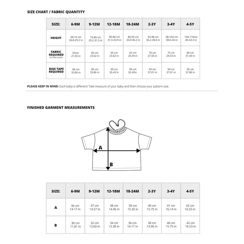 May include: A size chart for a baby t-shirt pattern with measurements in inches and centimeters. The chart shows the finished garment measurements for sizes 6-9 months, 9-12 months, 12-18 months, 18-24 months, 2-3 years, 3-4 years, and 4-5 years. The chart includes measurements for the length of the shirt and the width of the shirt.