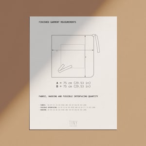 May include: Diagram showing the measurements for a finished garment. The measurements are labeled A and B, and are both 75 cm (29.53 in). The diagram also includes information about the fabric, wadding, and fusible interfacing quantity needed for the garment.
