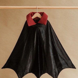 May include: A black velvet cape with a red velvet collar. The cape has a bat wing design at the bottom.
