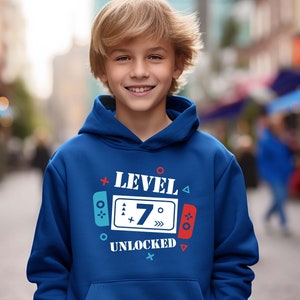 Niveau 7 ontgrendelde hoodie, Boy Gamer T-hoodie, verjaardagsfeestje voor kinderen, niveau omhoog verjaardag hoodie, 7e verjaardag hoodie, verjaardagsfeest cadeau