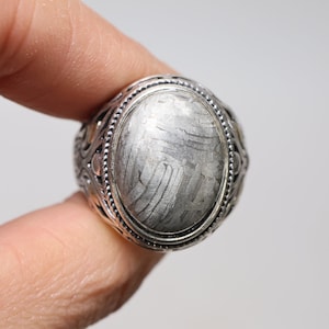 May include: A silver ring with an oval-shaped meteorite stone set in a detailed silver band.