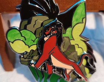 May include: A red lion with black hair and a green butterfly wing behind it. The lion is standing on a green rock with a green background.