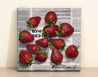 Strawberry oil painting on canvas, Still life with realistic fruits on a newspaper, Decor for kitchen and home on the wall