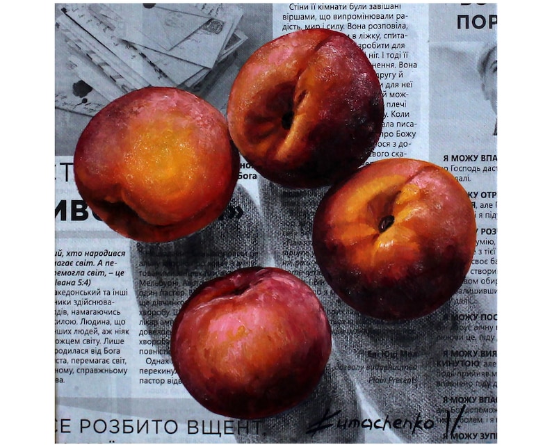 Persikaolja på tidningspapper, modern matväggkonst, originalduk 8x8" bild 13
