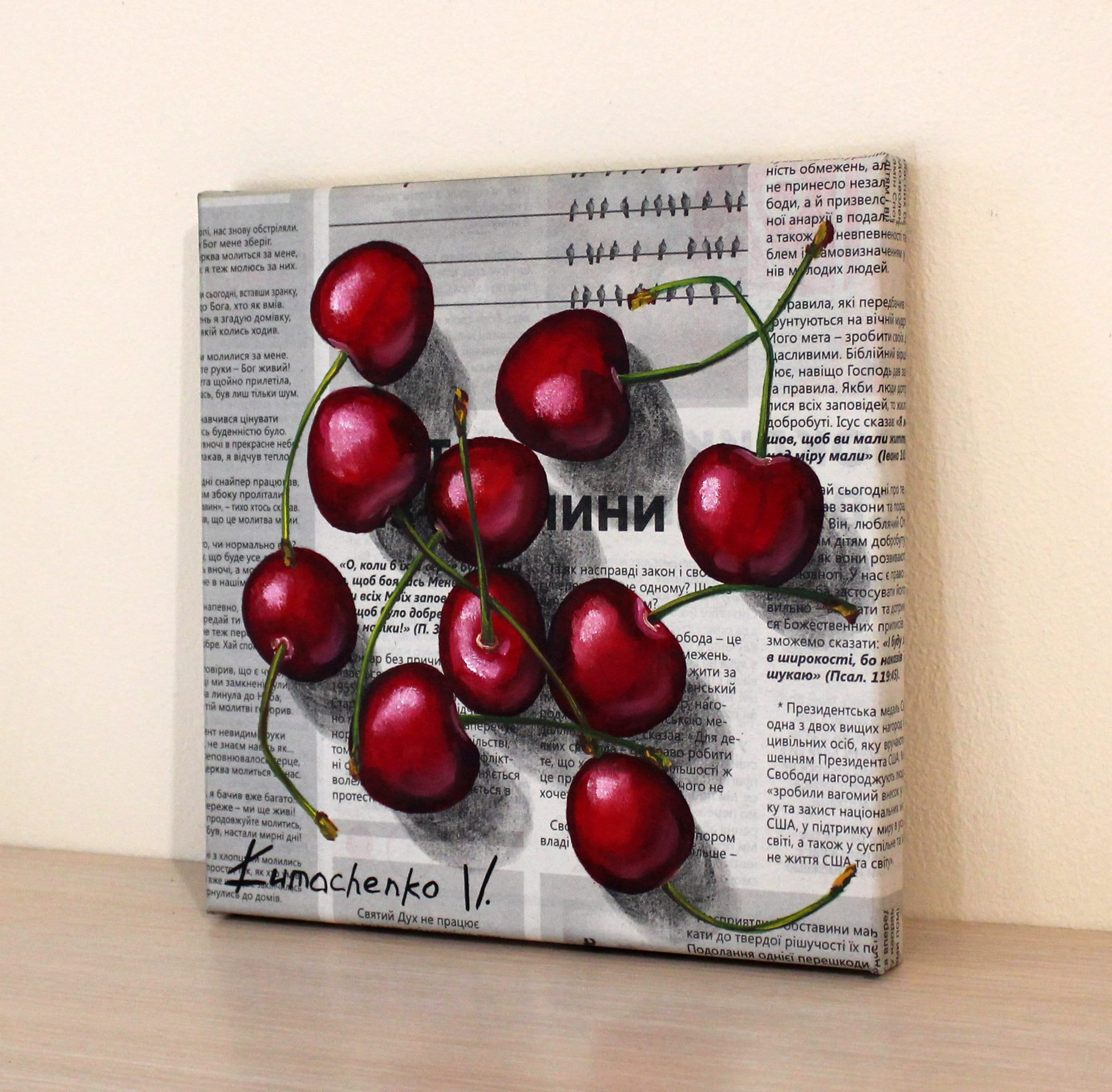 Cherry Oil Painting on Canvas, Original Kitchen Wall Art Decor