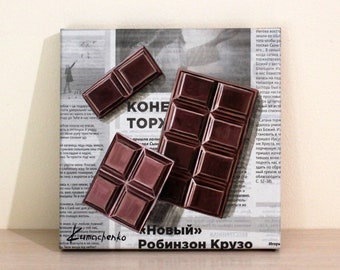 Chocolate painting, Newspaper art with sweets, Oil painting on canvas, Kitchen food painting