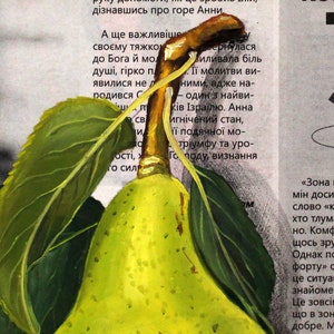 May include: An oil painting of a bright yellow pear with a brown stem and two large green leaves. The pear is positioned directly over a background of printed newspaper text in a Cyrillic script, creating a contrast between the fruit and text.