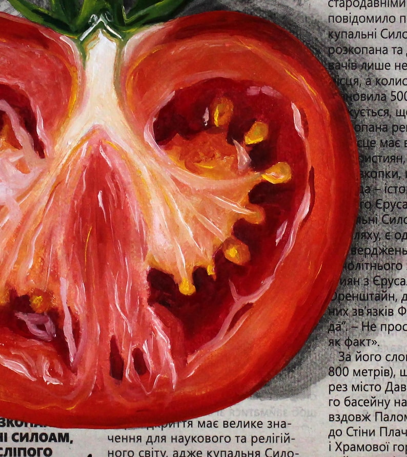 May include: A close-up of a red tomato cut in half, showing the inside with seeds and a white core. The tomato is painted in a realistic style.