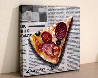 ピザ一切れの油絵、イタリア料理アート、キャンバスに描かれた