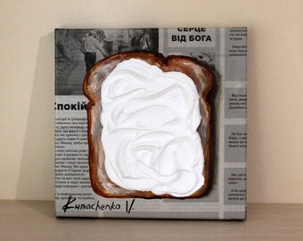Toast painting on canvas, Impasto art food, Newspaper art breakfast, Home wall decor