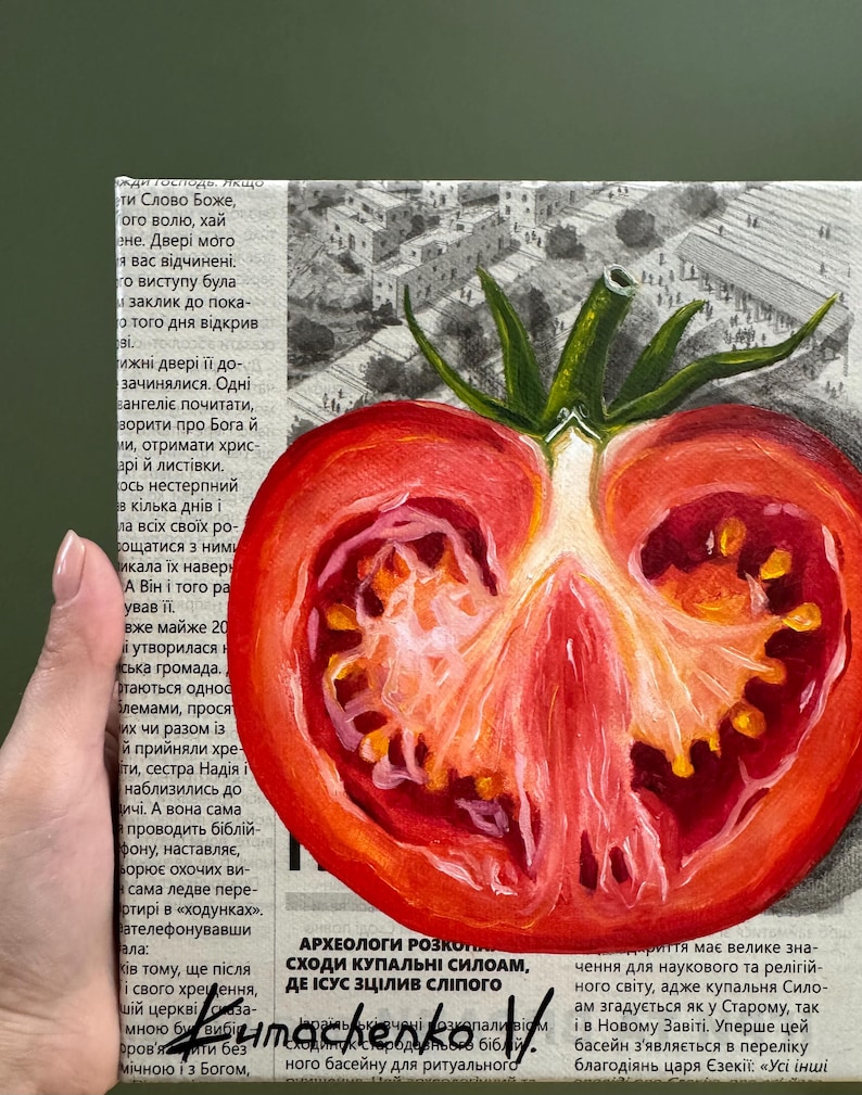 Original Tomato Oil Painting on Canvas, Vegetable Art, Food Wall Art, Kitchen Decor, Fresh Food Artwork, Modern Art 8x8 image 12