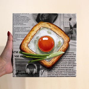 Pintura al óleo original de tostada francesa y huevo - Decoración única para la pared de la cocina - Lienzo con arte gastronómico de bodegón