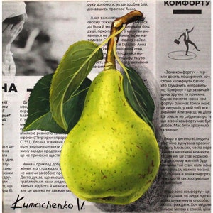 May include: A vibrant green pear with a brown stem and two dark green leaves, rendered in a realistic painting style. The pear is centered over a background of black and white newspaper text in a Cyrillic script, featuring a small illustration.